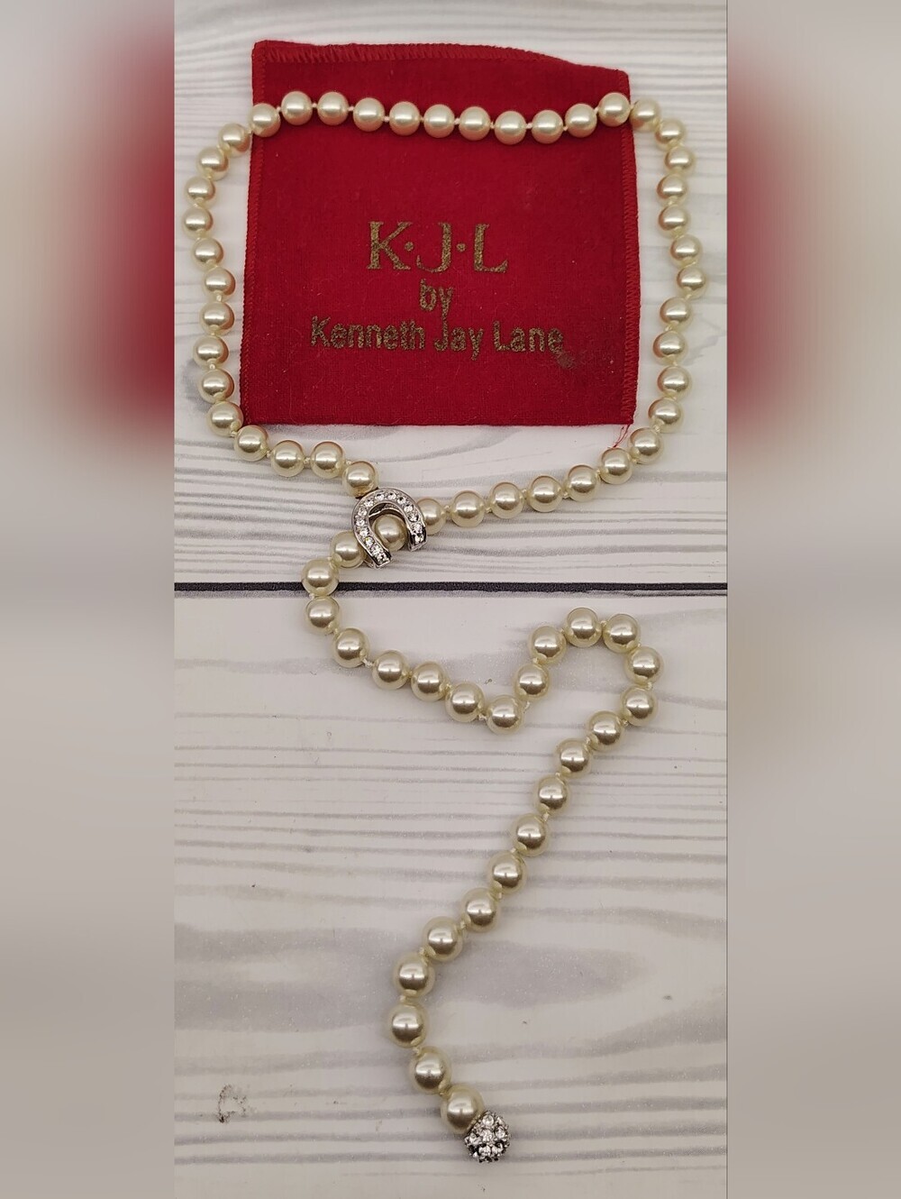 Kenneth Jay Lane Ivory Pearl Lariat Necklace with Crystal Accents Vintage
